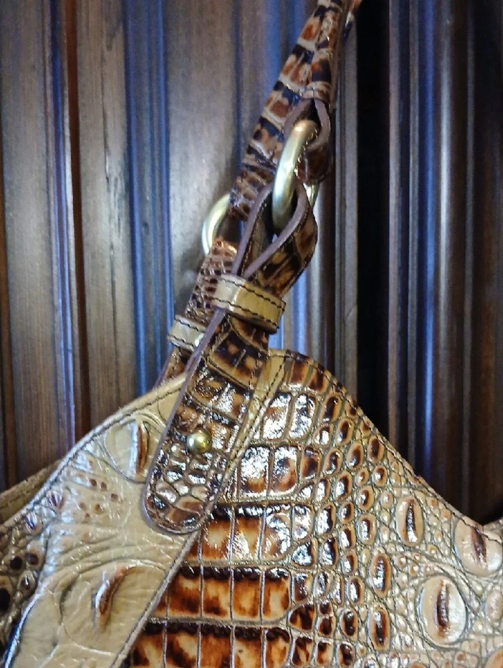 Brahmin Croc-Embossed Hobo in Tan and Brown Ombre